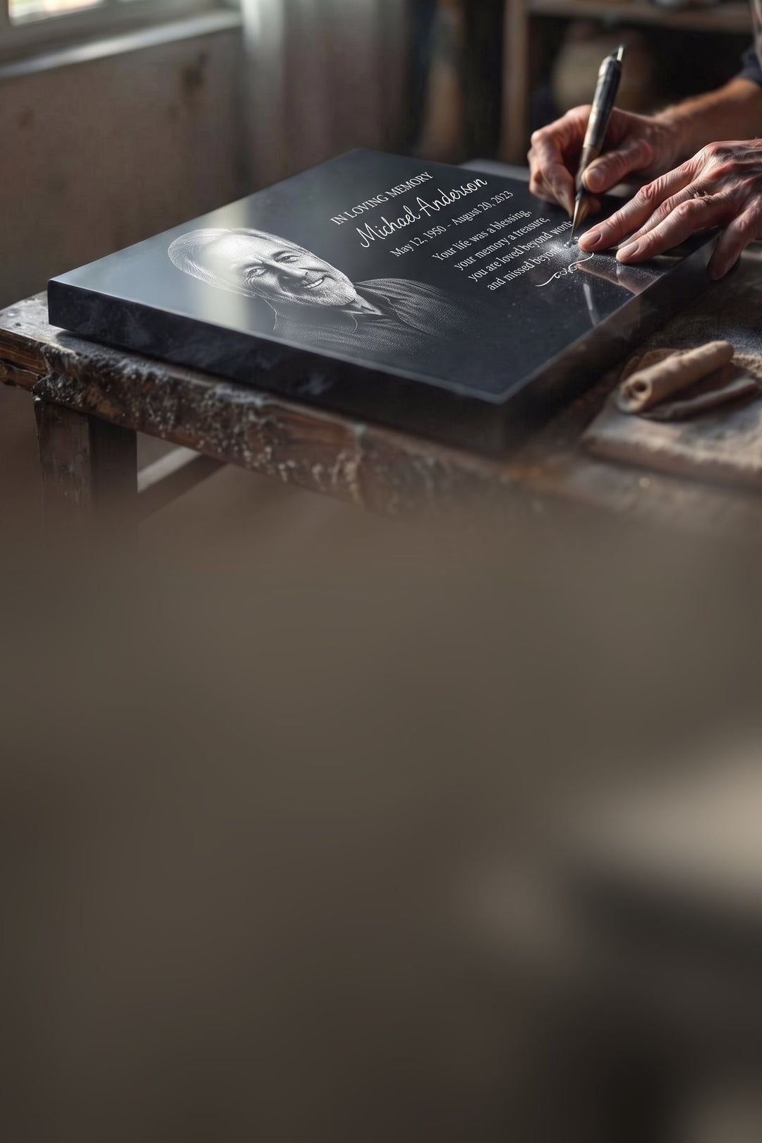 Engraver’s hands finishing the last words on a polished black granite memorial plaque: an engraved head-and-shoulders portrait of a smiling grey-haired man on the left, and beside it the words In Loving Memory, a name, dates and a short verse